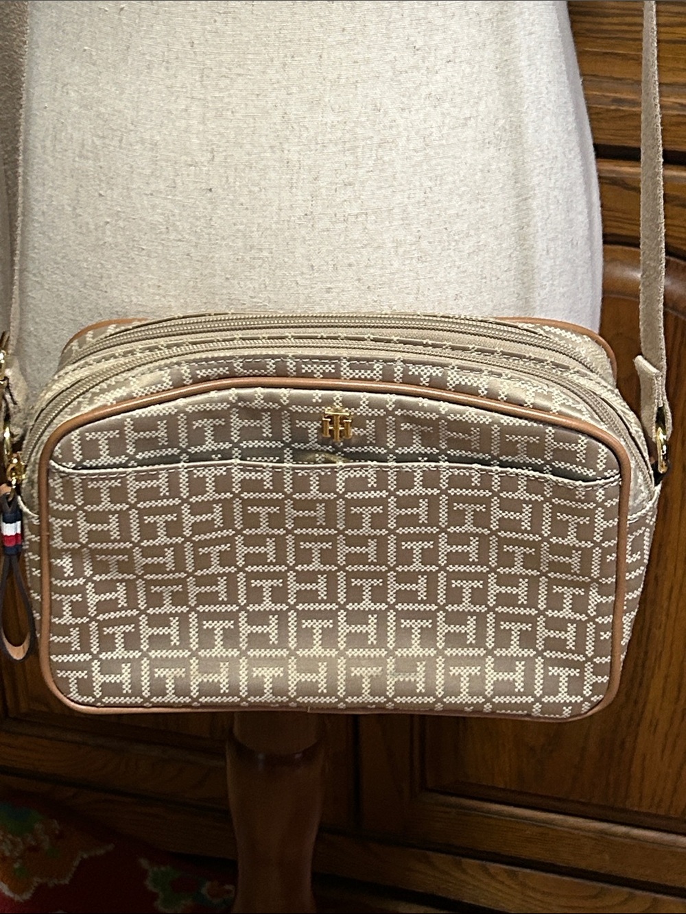 Tommy Hilfiger Beige Monogram Crossbody with Tan Trim